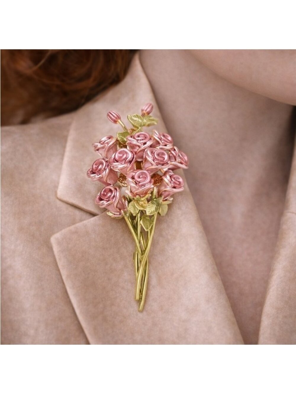 Pink Rose Bouquet Gold  Brooch